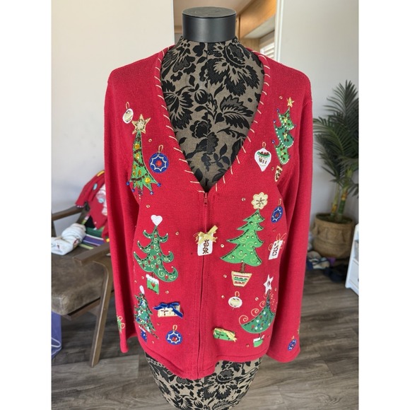 Vintage Tiara International Christmas Sweater Womens  XL  Zip Cardigan Trees - Picture 1 of 2